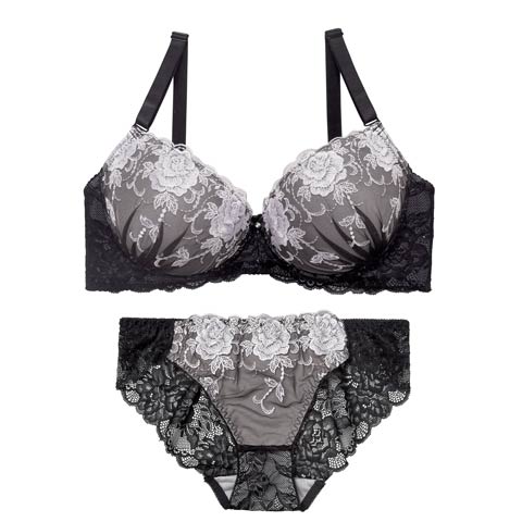 4/15新作!【EFサイズ】ラディアントフルール育乳脇高ブラジャー&バック透けフルバックショーツ［大人気］(ブラック-E70/ショーツM)