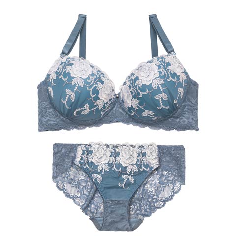 4/15新作!【EFサイズ】ラディアントフルール育乳脇高ブラジャー&バック透けフルバックショーツ［大人気］(ブルー-E70/ショーツM)