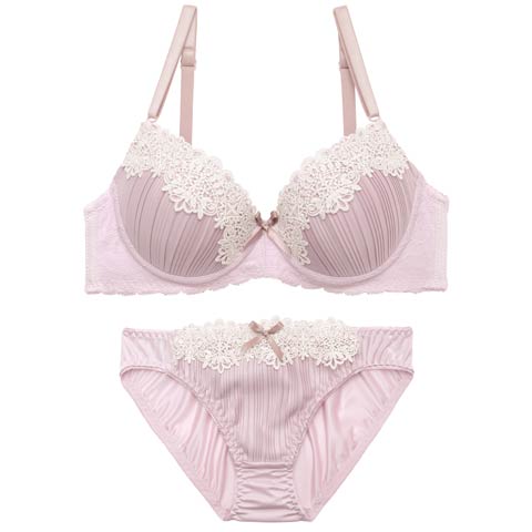 4/27新作!クラッシープリーツレースブラジャー&フルバックショーツ［激売れ］(ピンク-B70/ショーツM)