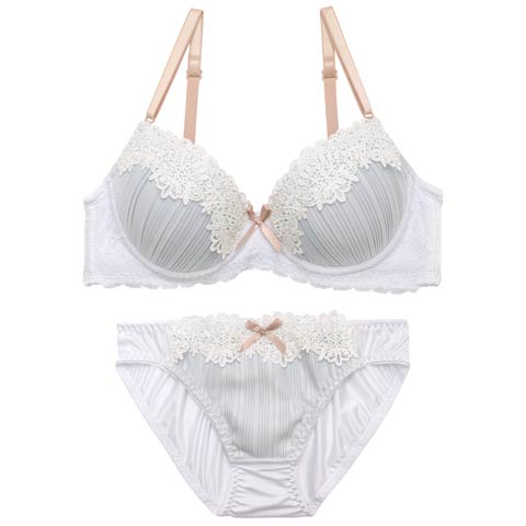 4/27新作!クラッシープリーツレースブラジャー&フルバックショーツ［激売れ］(ライトグレー-B70/ショーツM)