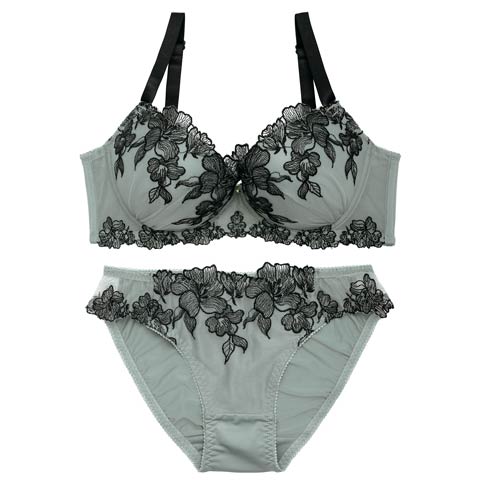 4/10新作!【EFサイズ】ノーブルシャドウフラワーブラジャー&フルバックショーツ［大人気］［L］(モスグリーン-E70/ショーツM)