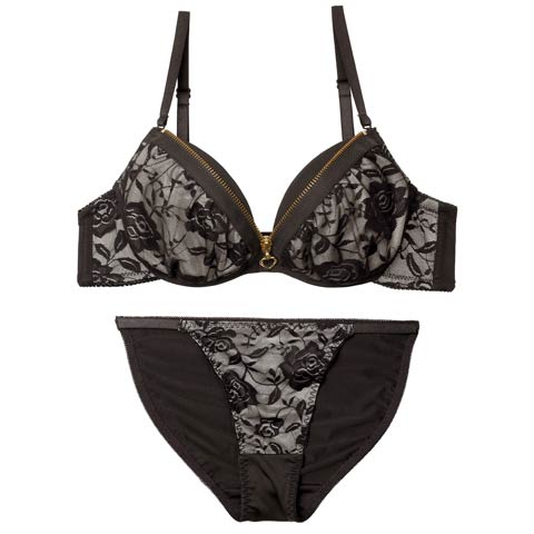 3/6新作!グラマラスローズファスナーブラジャー＆フルバックショーツ［激売れ］(グレー-B65/ショーツM)