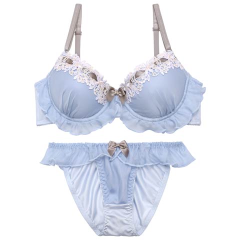 フローラルリボンフリルブラジャー&フルバックショーツ［激売れ］(ブルー-A70/ショーツM)