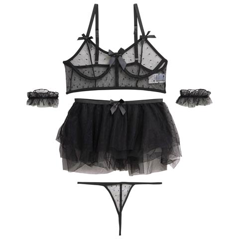 10/17新作!【4点セット】コケティッシュドットチュールブラジャー&Tバック&ガーターベルト&リング［大人気］(ブラック-S)