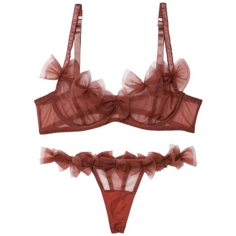 10/1新作!エアリーリボンチュールブラジャー&Tバックショーツ［大人気］(テラコッタ-S)