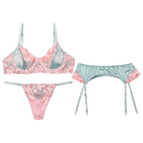 【3点セット】シャルムフルールブラジャー&Tバック&ガーターベルト［大人気］(ブルーグレー-S)