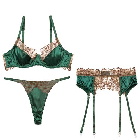 1/31再販!【3点セット】クラシックサテンフルールブラジャー&Tバック&ガーターベルト［大人気］(グリーン-S)