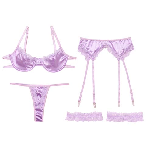 11/10新作!【4点セット】ミスティックサテンレースブラジャー&Tバック&ガーターベルト&足リング［大人気］(ラベンダー-S)