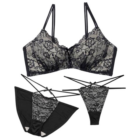 12/26新作!【3点セット】フローラルリボンコード育乳脇高ブラジャー&フルバック&Tバックショーツ［大人気］(ブラック-A70/ショーツM)