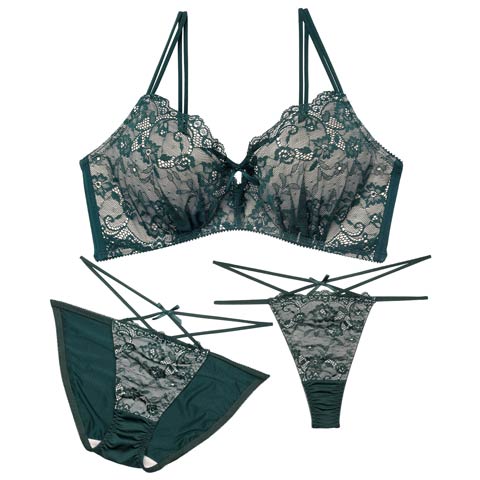 12/26新作!【3点セット】【EFサイズ】フローラルリボンコード育乳脇高ブラジャー&フルバック&Tバックショーツ［大人気］(グリーン-E65/ショーツM)