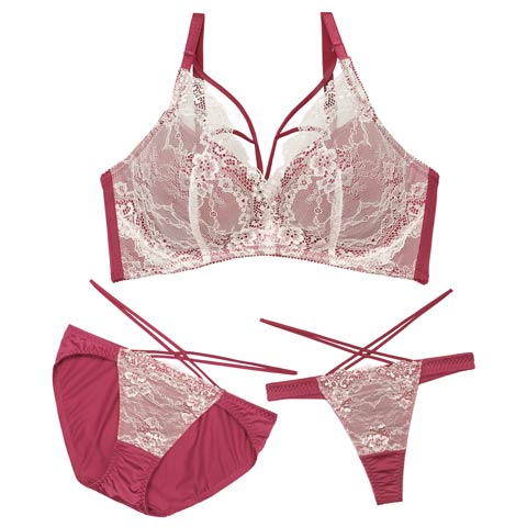 12/10新作!【3点セット】【EFサイズ】レーシィエレガントコード育乳脇高ブラジャー&フルバック&Tバックショーツ［大人気］(ローズ-E65/ショーツM)