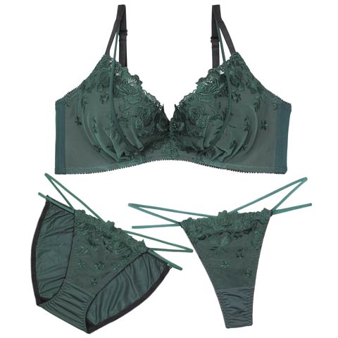1/5新作!【三上悠亜着用】【3点セット】【EFサイズ】ノーブルフラワーコード育乳脇高ブラジャー&フルバック&Tバックショーツ［大人気］(グリーン-E65/ショーツM)