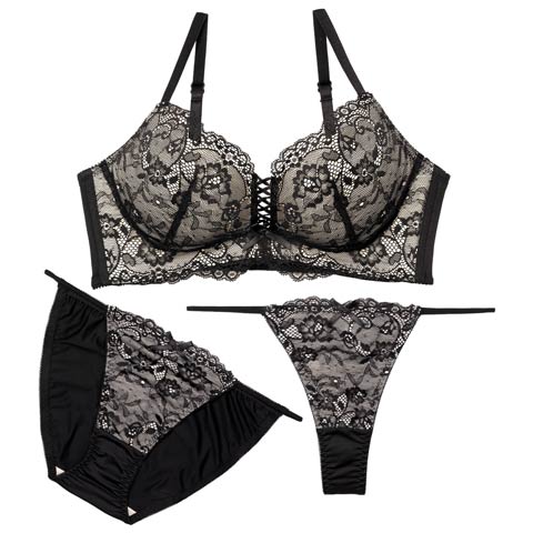 4/13新作!【三上悠亜着用】【3点セット】W盛り★リュクスシアーレース育乳脇高ブラジャー&フルバック&Tバックショーツ［大人気］(ブラック-A70/ショーツM)