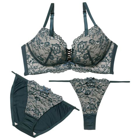 4/13新作!【三上悠亜着用】【3点セット】W盛り★リュクスシアーレース育乳脇高ブラジャー&フルバック&Tバックショーツ［大人気］(グリーン-A70/ショーツM)