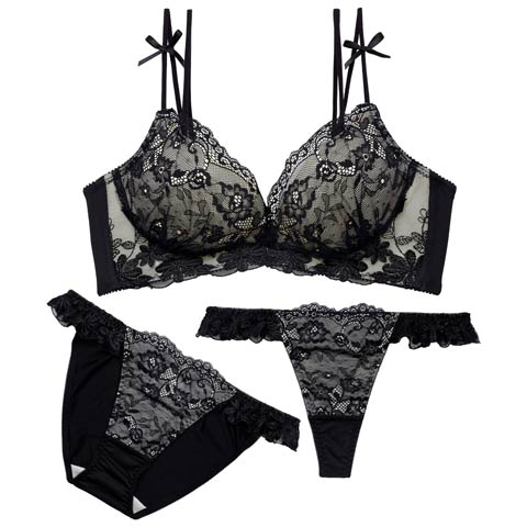 2/16新作!【3点セット】ミューズリボンレース育乳脇高ブラジャー&フルバック&Tバックショーツ［大人気］(ブラック-A70/ショーツM)