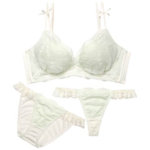 2/16新作!【3点セット】ミューズリボンレース育乳脇高ブラジャー&フルバック&Tバックショーツ［大人気］(ミント-A70/ショーツM)