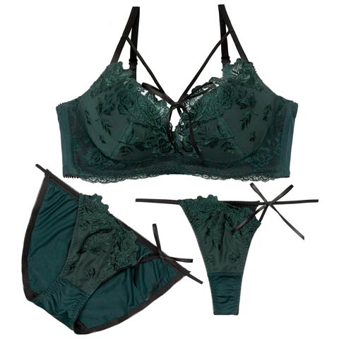 3/6新作!【3点セット】W盛り★グロッシーローズ育乳脇高ブラジャー＆フルバックショーツ＆Tバックショーツ［大人気］(グリーン-A70/ショーツM)