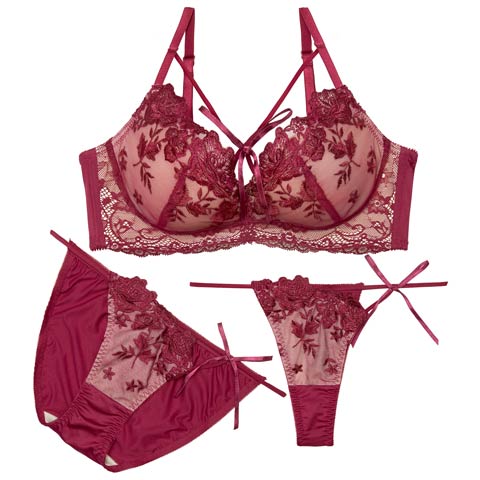 3/6新作!【3点セット】W盛り★グロッシーローズ育乳脇高ブラジャー＆フルバックショーツ＆Tバックショーツ［大人気］(ローズ-A70/ショーツM)