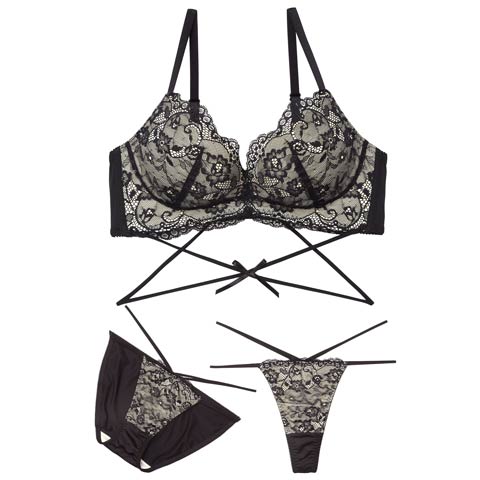 3/2新作!【3点セット】W盛り★ディープシアーレースコード育乳脇高ブラジャー&フルバック&Tバックショーツ［大人気］(ブラック-A70/ショーツM)