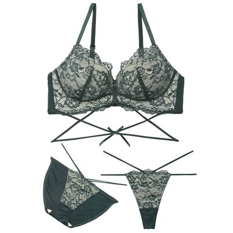 3/2新作!【3点セット】W盛り★ディープシアーレースコード育乳脇高ブラジャー&フルバック&Tバックショーツ［大人気］(グリーン-A70/ショーツM)