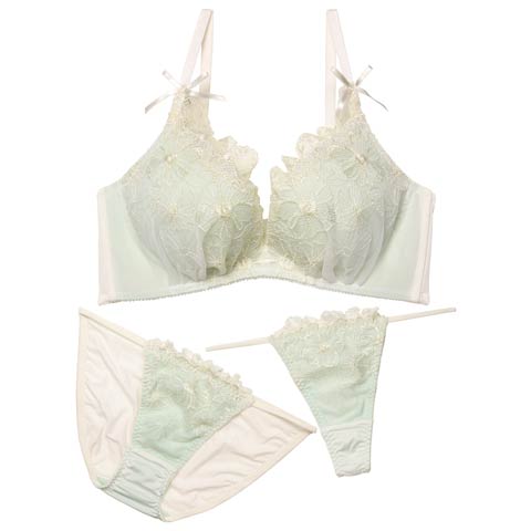 1/28新作!【かとゆり着用】【3点セット】メルティピュアフルール育乳脇高ブラジャー&フルバック&Tバックショーツ［大人気］(ミント-A70/ショーツM)