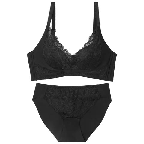 10/7再販!【ノンワイヤー】レーシーグラマラスブラジャー&フルバックショーツ［大人気］(ブラック-S)