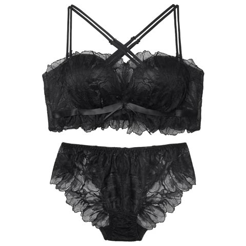 10/6新作!スフレリボンレース育乳脇高ブラジャー&バック透けフルバックショーツ(ブラック-B65/ショーツM)