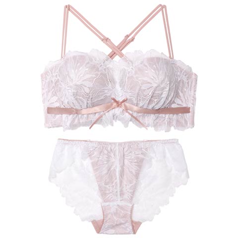 10/6新作!スフレリボンレース育乳脇高ブラジャー&バック透けフルバックショーツ(ホワイト-B65/ショーツM)