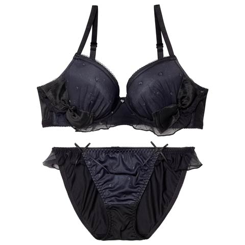 1/16新作!ミルキーリボンフリルブラジャー＆フルバックショーツ(ブラック-B65/ショーツM)