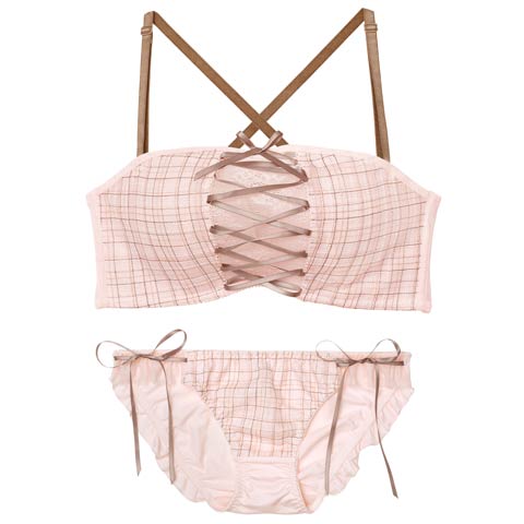 1/12新作!【ノンワイヤー】[3way]ツイードレースアップ育乳脇高ブラジャー&フルバックショーツ(ピンク-B65/ショーツM)