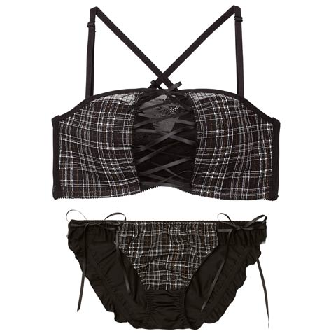 1/12新作!【ノンワイヤー】[3way]ツイードレースアップ育乳脇高ブラジャー&フルバックショーツ(ブラック-B65/ショーツM)