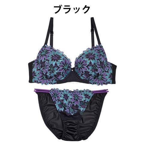 【Granatus】flower刺繍×チュールレースブラジャー&フルバックショーツ(ブラック-B65/ショーツM)
