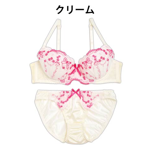 【Fairy】リボン刺繍ブラジャー&フルバックショーツ(クリーム-B65/ショーツM)