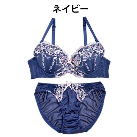 【Fairy】リボン刺繍ブラジャー&フルバックショーツ(ネイビー-D65/ショーツM)