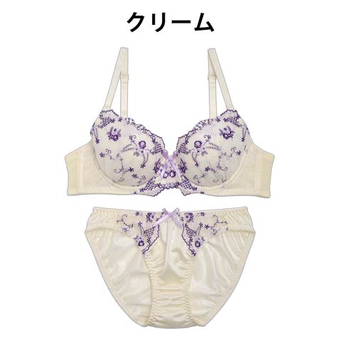 【Fairy】鮮やか小花刺繍ブラジャー&フルバックショーツ(クリーム-B65/ショーツM)