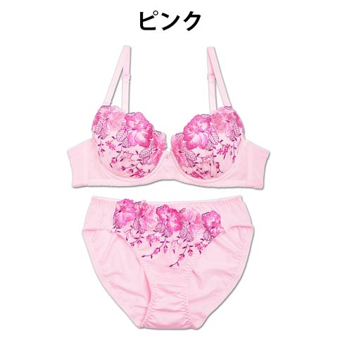 【granatus】大判フラワー刺繍ブラジャー&フルバックショーツ(ピンク-C65/ショーツM)