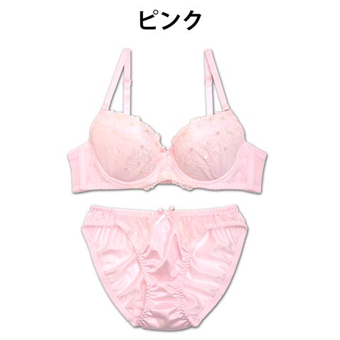 【Fairy】プティブルーム刺繍ブラジャー&フルバックショーツ(ピンク-B65/ショーツM)