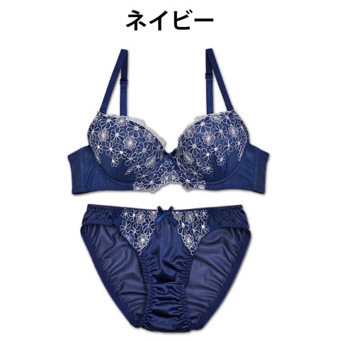 【Fairy】プティブルーム刺繍ブラジャー&フルバックショーツ(ネイビー-B65/ショーツM)