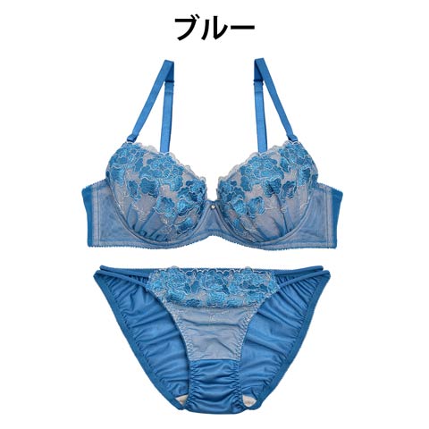 【granatus】フラワーペタル刺繍ブラジャー&フルバックショーツ(ブルー-B65/ショーツM)