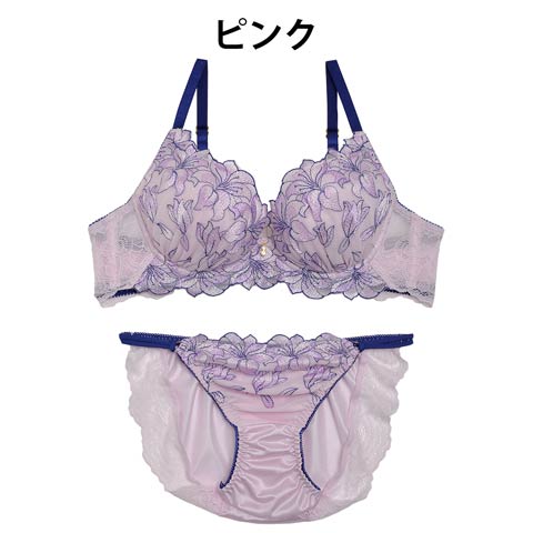 【Doux rellia】エリザベスリリー刺繍ブラジャー&フルバックショーツ(ピンク-B65/ショーツM)