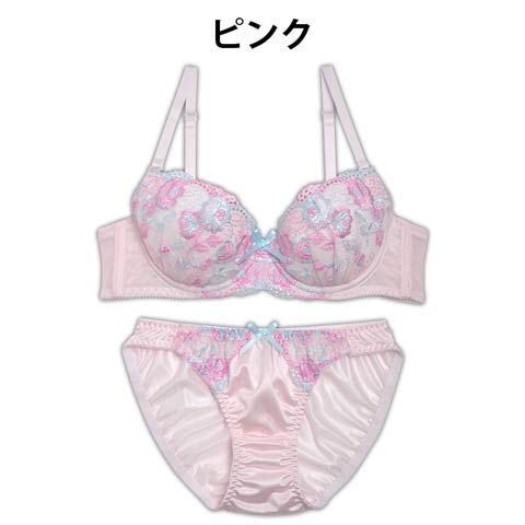 【Fairy】マーベラスフラワー刺繍ブラジャー&フルバックショーツ(ピンク-B65/ショーツM)