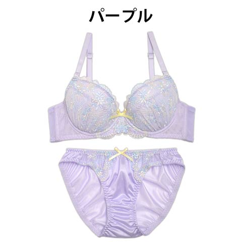 【Fairy】レモネード刺繍ブラジャー&フルバックショーツ(パープル-B65/ショーツM)