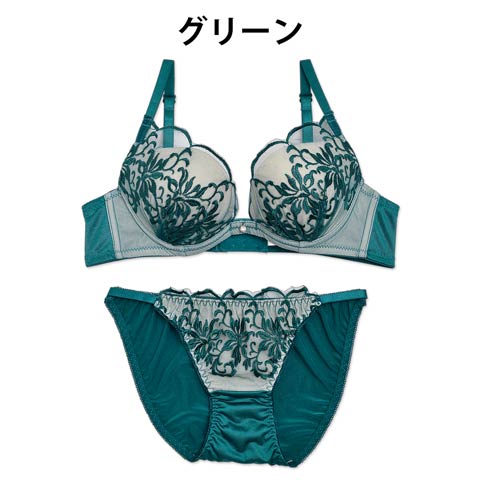 【Palissee】【EFサイズ】ボタニカル刺繍xシャイニーラメブラジャー&フルバックショーツ(グリーン-E75/ショーツL)