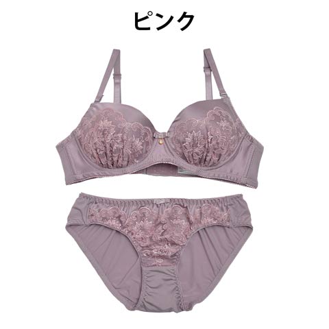 【ノンワイヤー】エレガント刺繍ブラジャー&フルバックショーツ(ピンク-B65/ショーツM)