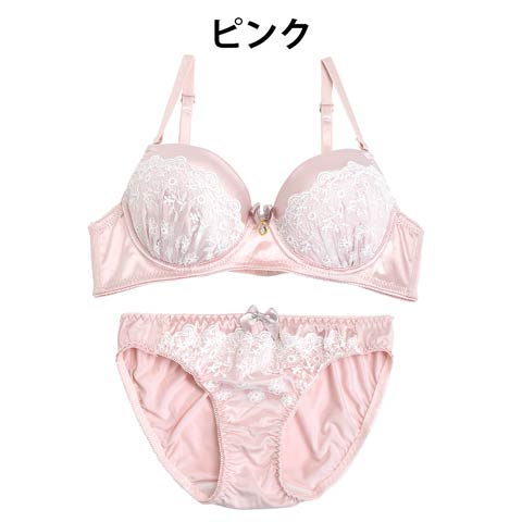小花刺繍レースxパステルサテンブラジャー&フルバックショーツ(ピンク-B65/ショーツM)