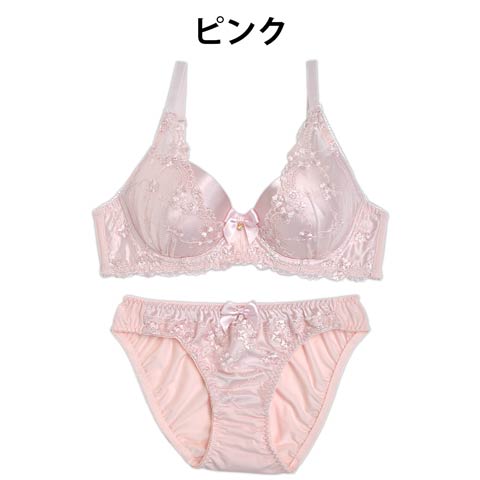 【ノンワイヤー】花刺繍レースx光沢サテンブラジャー&フルバックショーツ(ピンク-B65/ショーツM)