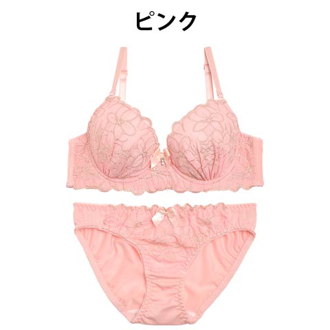 大判フラワー刺繍ブラジャー&フルバックショーツ[プチプラ](ピンク-B65/ショーツM)