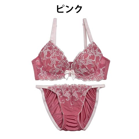 ボタニカルモチーフ刺繍ブラジャー&フルバックショーツ[プチプラ](ピンク-B65/ショーツM)