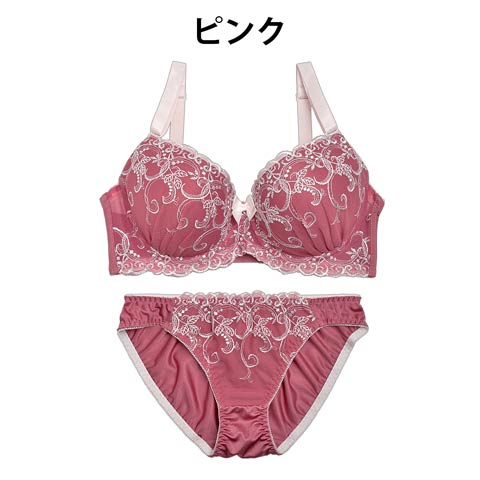 【EFサイズ】ボタニカルモチーフ刺繍ブラジャー&フルバックショーツ(ピンク-E70/ショーツM)