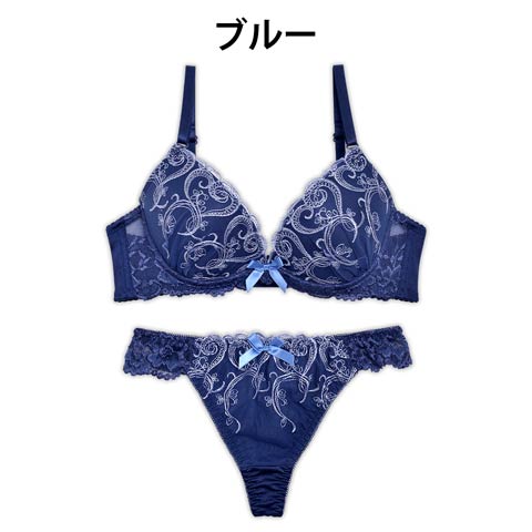 ハート刺繍×レースラインブラジャー&Tバックショーツ(ブルー-A70/ショーツM)